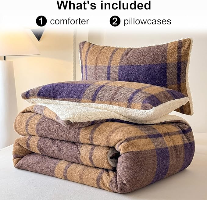 Cyusri Plaid Sherpa Comforter Set 3Pcs Fluffy Warm Fleece Down Alternative, Khaki Blue Grid Pattern Bedding Set with 2 Pillowcases, Queen Size 90"x90"