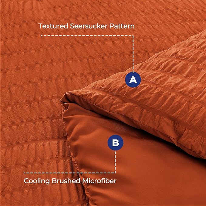 HYMOKEGE Burnt Orange Full Size Comforter Sets Seersucker 7 Pieces, All Season Luxury Bed in a Bag for Bedroom, Bedding Set with Comforters, Sheets, Pillowcases & Shams