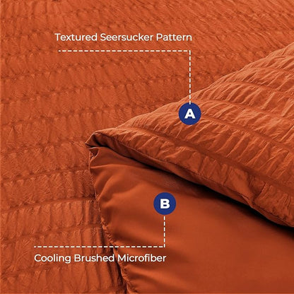 HYMOKEGE Burnt Orange Twin Comforter Set Seersucker 5 Pieces, All Season Luxury Bed in a Bag for Bedroom, Bedding Set with Comforters, Sheets, Pillowcase & Sham
