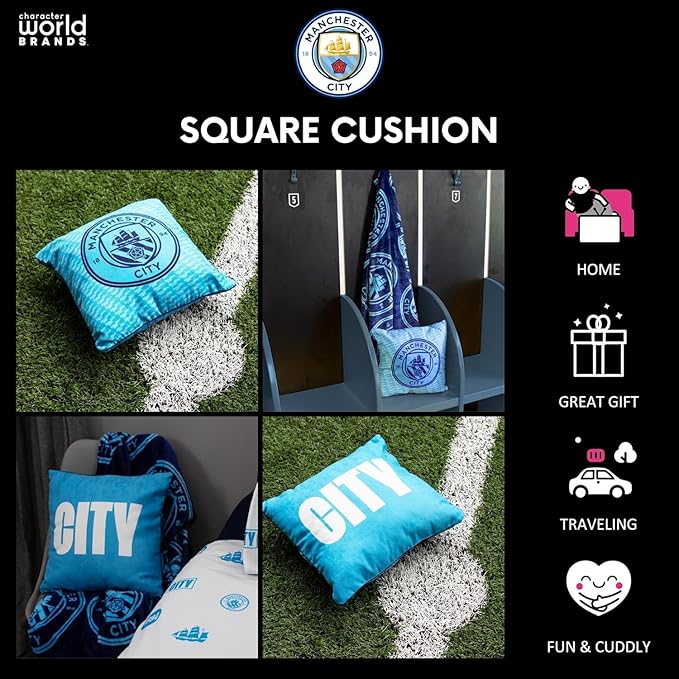 Character World Manchester City FC Official Blue Cushion, Super Soft Reversible 2 Sided, Soccer Club Crest Design, Perfect for Any Bedroom, Sofa or on The Bed 16 x 16 INCHES