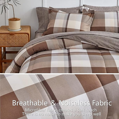 AIKASY Bed in a Bag 6 Piece Twin Size, Brown Plaid Design Soft Microfiber Reversible Bed Comforter Set for All Season(1 Comforter, 1 Flat Sheet, 1 Fitted Sheet, 2 Pillow Shams, 1 Pillowcase)