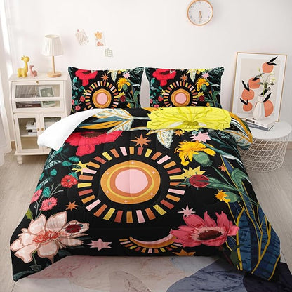3 Pieces Black Boho Floral Comforter Set,Paisley Bedding Set Twin Size,Colorful Flower Leaves Printed on Black Design,All Season Lightweight Soft Microfiber Bedding with 2 Pillow Shams