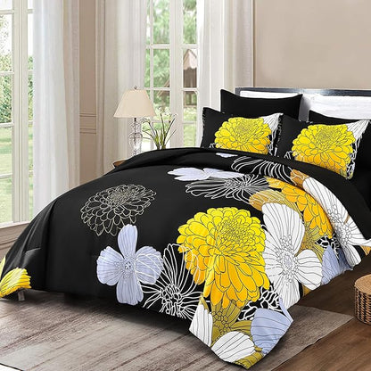 7 Pieces King Yellow Black Comforter Set Bed in a Bag Floral Bedding Set Soft Microfiber Boho Comforter (1 Comforter 1 Flat Sheet 1 Fitted Sheet 2 Pillowshams 2 Pillowcases)