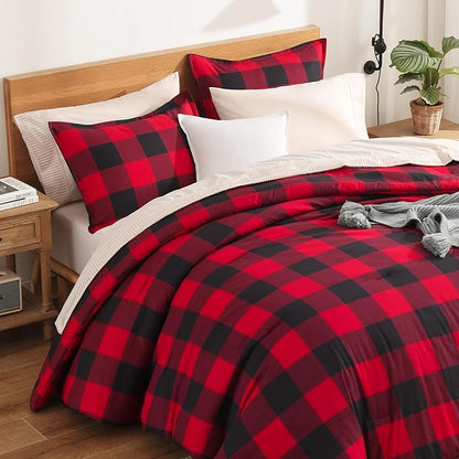 Andency Red and Black Plaid Comforter Set Queen(90x90Inch), 3 Pieces Buffalo Plaid Checkered Gingham Bedding Comforter Sets, Soft Burgundy Lightweight Geometric Down Alternative Bed Set