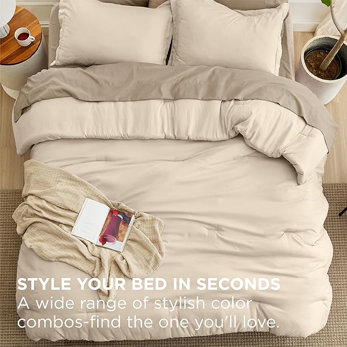Bedsure Twin Comforter Set - 5 Pieces Light Beige Twin Bedding Set for All Seasons, Boho Contrasting Design Bed in a Bag with Comforter, Sheets, Pillowcase & Sham
