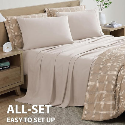 Cathay Home Basic Bedding Home Essential Ultra Soft Lightweight 7PC Wrinkle Resistant Microfiber Bed in a Bag Set (Includes Complete Sheet Set & Comforter Set) - Taupe Plaid, Queen