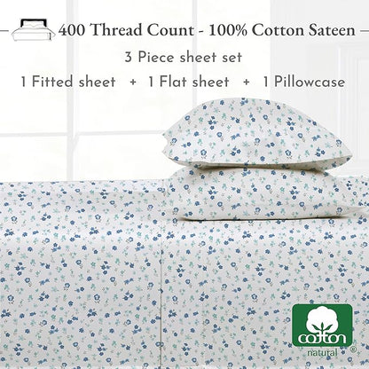 California Design Den Deep Pocket Twin Sheets Set - 400 Thread Count Sateen, Natural 100% Cotton Sheets, and Durable Bedding Set - Blooming Meadows
