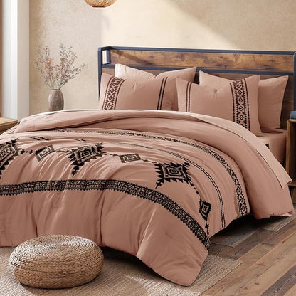 MaiRêve Embroidery Comforter Set, Boho Farmhouse Western Bedding Set, All Season Bed in A Bag Comforter Set with Sheets, Pillowcases & Shams, Dusty Pink King 7 Pieces