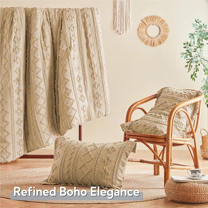MR&HM Boho Comforter Set Full, Khaki 7 Pieces Bedding Set, Farmhouse Shabby Chic Bed in a Bag with 1 Comforter, 2 Pillow Shams, 2 Pillowcases, 1 Flat Sheet, 1 Fitted Sheet for All Seasons