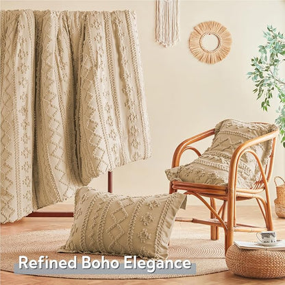 MR&HM Khaki Boho Comforter Set Queen, Tufted Boho Bedding Set, Farmhouse Shabby Chic Bed in a Bag with 1 Comforter, 2 Pillow Shams, 2 Pillowcases, 1 Flat Sheet, 1 Fitted Sheet for All Seasons
