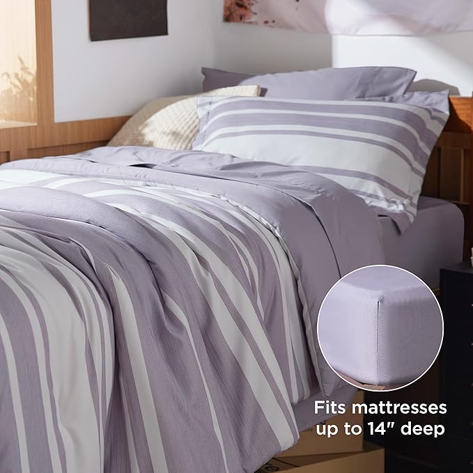 Bedsure Twin XL Comforter Set 5 Pieces, Purple Striped Bedding Set for All Seasons, Reversible, Cationic Dyeing Bed in a Bag with Comforter, Sheets, Pillowcase & Sham