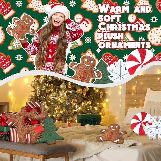 Cumule 5 Pcs Christmas Throw Pillows Cute Xmas Tree Candy Gingerbread Reindeer Snowflake Shaped Plush Pillow for Christmas Winter Holiday Party Outdoor Bedroom Cushion Decoration