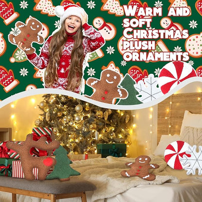 Cumule 5 Pcs Christmas Throw Pillows Cute Xmas Tree Candy Gingerbread Reindeer Snowflake Shaped Plush Pillow for Christmas Winter Holiday Party Outdoor Bedroom Cushion Decoration