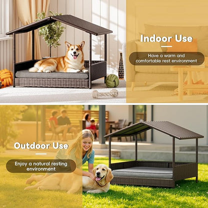 Greesum Wicker Dog House for Small/Medium Dogs, Outdoor Indoor Elevated Dog Shelter Dog Bed with Cushion, for Deck, Patio, Yard, Pool, Black House