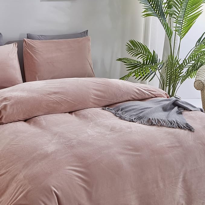 Pureant Pink Velvet Comforter Sets California King Women Girls Blush Pink Fluffy Bedding Comforters Cal King Adults Teens Cute Dusty Pink Winter Quilt Solid Light Red Flannel Quilt Bean Pink Plush Bed