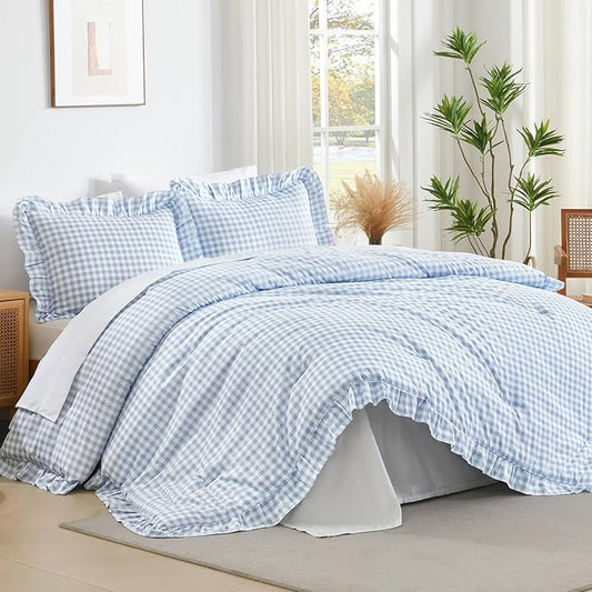 Andency Blue Gingham Ruffle Comforter Full (79x90Inch), 3 Pieces(1 Ruffled Comforter and 2 Pillowcases) Solid Farmhouse Shabby Chic Bed, Vintage Rustic Soft Microfiber Bedding Set