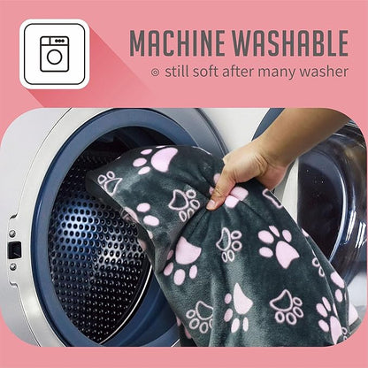 Upgraded Dog Blankets for Large Dogs, Cat Flannel Blankets Washable, with Premium 300GSM Soft Pet Throw Cover for Kennel Crate Bed, Cute Paw Pattern,50x60 inch,Grey & Pink.