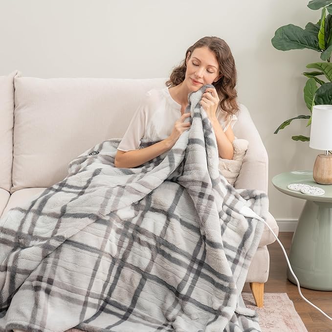 Berkshire Blanket Heated Throw Blanket, Grace Fur to Loftmink Reversible Electric Throw with 4 Heat Levels, Fast Heating Printed Throw for Couch and Bed, Auto Shut-Off Feature (50"x60")