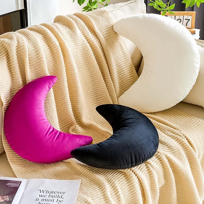Beige Moon Pillow, 19.6" Cute Soft Velvet Half Moon Shape Plush Decorative Throw Pillows Cushions Room Decor for Couch Bedroom Living Room