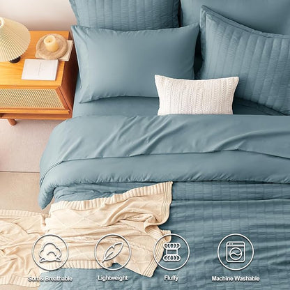 CozyLux Queen Comforter Set Mineral Blue Seersucker 7 Pieces Bed in a Bag Queen Comforter Set with Sheets, Luxury Bedding Set with Down Alternative Comforter, Sheets, Pillowcases & Shams All Seasons