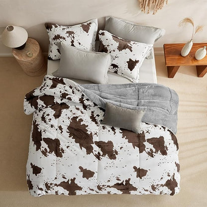 Petrichor Velvet Flannel King Comforter Set- Cow Print Western Style Blanket,Luxury Fuzzy Heavy Bedding Set, 3 Pieces Plush Winter Bed Set with Comforter (90"x104") & 2 Pillow Shams (20"x36"