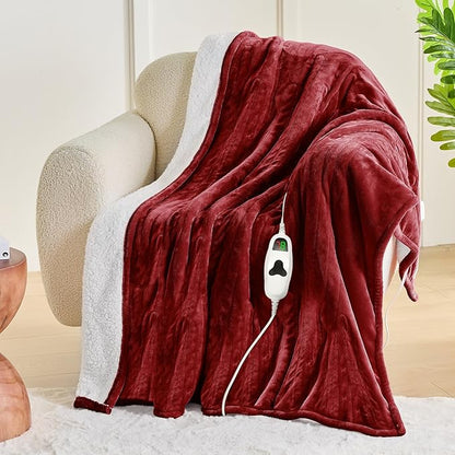 greenoak Heated Blanket Electric Twin 62"X84", Heating Blanket with 10 Levels 1/2/4/6/8 Hours Auto-Off, Flannel Sherpa Soft Warm Heater Christmas Blanket,Red
