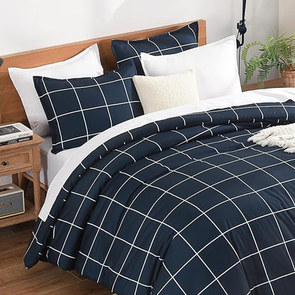 Andency Navy Plaid Comforter Queen(90x90Inch), Dark Blue Grid Gingham Buffalo Plaid Bed Set for Boys Kids Teens, 3 Pieces Lightweight Microfiber Geometric Preppy Bedding
