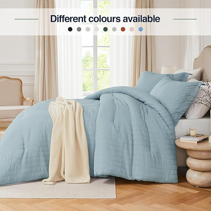 Full Size Comforter Set Mist Blue,3PCS Seersucker Lightweight Bedding Comforter for All Season, Full Size(82''×86'' Comforter & 2 Pillowcases)
