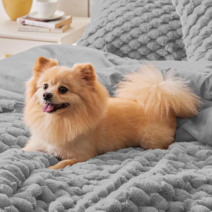 BEDELITE Fluffy Queen Comforter Set - Light Grey Fleece Soft Comforter for Queen Size Bed, Luxury Warm Bedding Set for Winter, Fuzzy Bed Set 3 Pieces (1 Comforter, 2 Pillowcases)