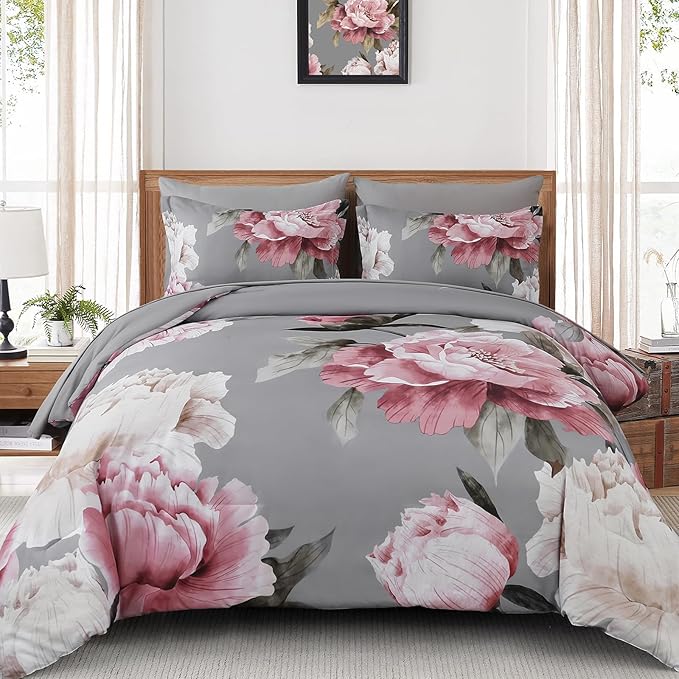 Dobuyly Pink and Grey Comforter Set Full Size 7 Piece Bed in a Bag, Floral Printed on Gray Full Comforter Set with Sheets, Soft Microfiber Botanical Complete Bedding Set for All Season