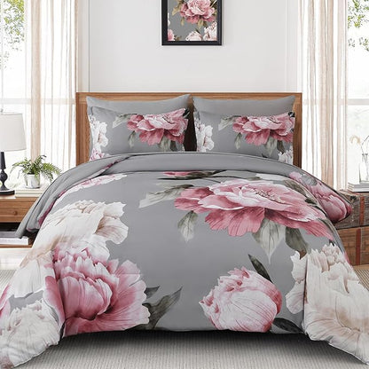 Dobuyly Pink and Grey Comforter Set Full Size 7 Piece Bed in a Bag, Floral Printed on Gray Full Comforter Set with Sheets, Soft Microfiber Botanical Complete Bedding Set for All Season