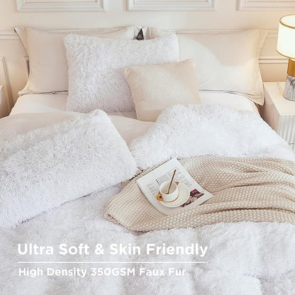 Andency Faux Fur White Comforter King Size, 3 Pieces Fluffy Fuzzy Plush Bedding Comforter Set (1 Shaggy Velvet Comforter & 2 Pillowcases), Soft Puffy Comfy Down Alternative Comforter Bedding Set