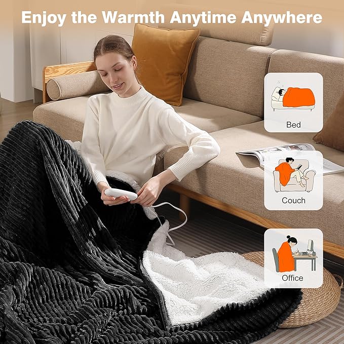Electric Blanket Full Heated Blanket Full Size- Striped Flannel & Thick Sherpa, 5 Heat Settings & 10 Hour Auto Off with FCC/ETL Certified, Overheat Protection & Machine Washable, Charcoal Grey 72"x84"