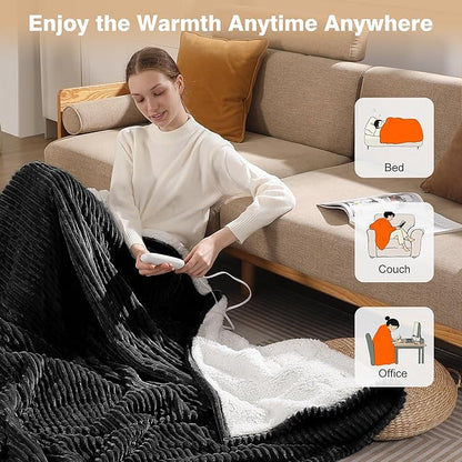 Electric Blanket Full Heated Blanket Full Size- Striped Flannel & Thick Sherpa, 5 Heat Settings & 10 Hour Auto Off with FCC/ETL Certified, Overheat Protection & Machine Washable, Charcoal Grey 72"x84"