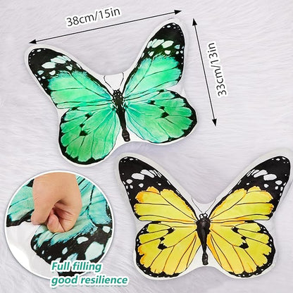 Juexica 2 Pcs 3D Butterfly Pillow Decorative Butterfly Stuffed Animal Throw Pillow Plush Gifts for Women Decorations for Fireplace Mantel Bedroom Couch Seat Cushion Garden, 15x13 Inch(Yellow, Green)