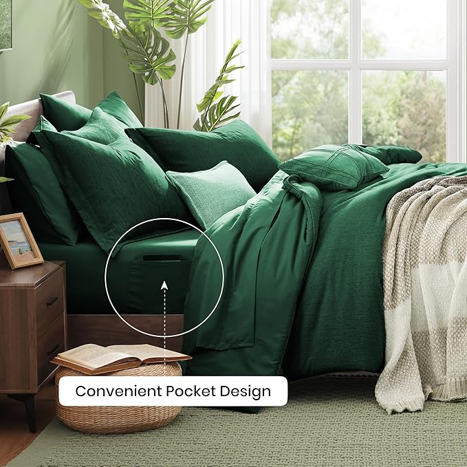 Monbix Queen Comforter Set - 7 Pieces Cationic Dyeing Emerald Green Bed in a Bag Queen Bedding Sets with Comforter, Sheets, Pillowcases & Shams, Reversible Bedding Comforters Sets