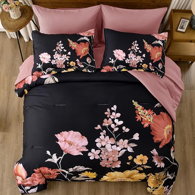 DJY Floral King Comforter Set - 7 Pieces Black & Blush Floral Bed in a Bag with Flower Leaves Pattern, Soft Microfiber Botanical Comforter and Sheet Set, All Season Bedding Set (104''x90'')