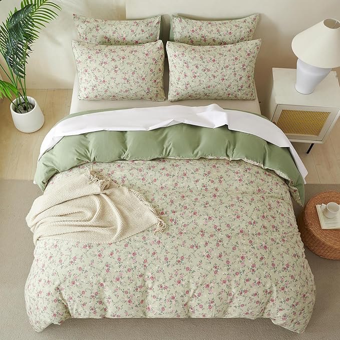 Floral Comforter Queen Set 3 Pieces Soft Cute Fresh Floral Bedding Lightweight Garden Style Floral Botanical Comforter for All Seasons and 2 Pillowcases