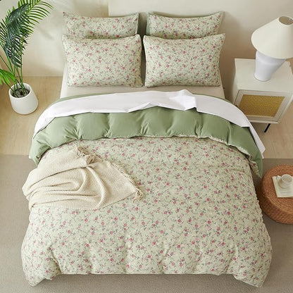 Floral Comforter Queen Set 3 Pieces Soft Cute Fresh Floral Bedding Lightweight Garden Style Floral Botanical Comforter for All Seasons and 2 Pillowcases