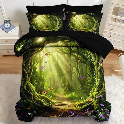 Nesker 5 Pcs Spring Comforter Set Twin Size, Green Forest Path Bedding Set for Kids and Adults, Magical Butterfly Nature Bed Sheet Sets with Fitted Sheet Pillowcase & Sham