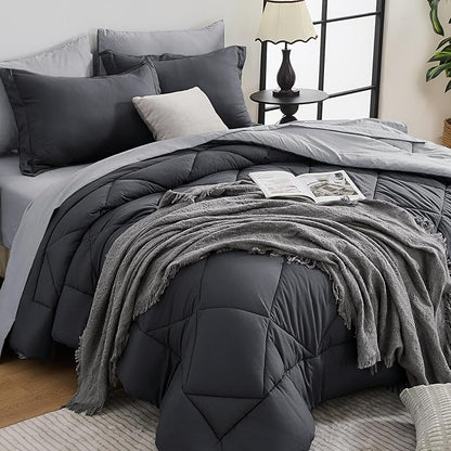 HEVUMYI 120x98 Oversized King Comforter Set - 7-Piece All Season Bed in a Bag Oversized King, Ultra Soft Bedding Set with 120 x 98 Comforter, Flat Sheet, Fitted Sheet, Pillowcases, Dark & Light Grey