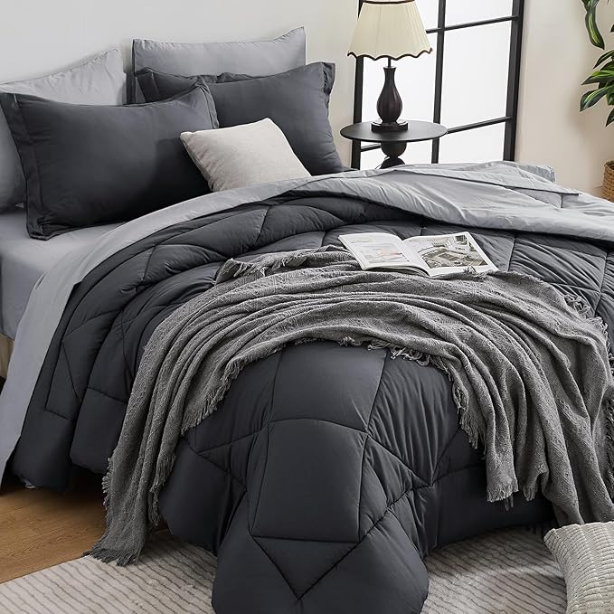 HEVUMYI Oversized Queen Comforter Set - 7-Piece All Season Bed in a Bag Oversized Queen, Ultra Soft Bedding Set with Comforter, Flat Sheet, Fitted Sheet, Pillowcases, Dark Grey & Light Grey