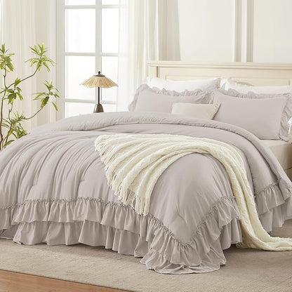 Andency Linen California King Comforter Set (104x96Inch), 3 Pieces Farmhouse Shabby Chic Ruffle Bedding Sets, Lightweight Fluffy Soft All Season Bed Set
