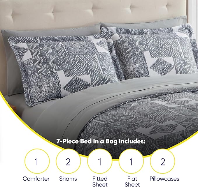 Sweet Home Collection 7 Piece Comforter Set Bag Solid Color All Season Soft Down Alternative Blanket & Luxurious Microfiber Bed Sheets, Tulsa, King