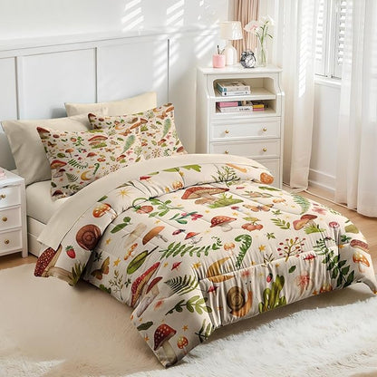 Nesker 5 Pcs Spring Comforter Set Twin Size, Mushroom Fern Bedding Set for Kids and Adults, Butterfly Leaf Bed Sheet Sets with Fitted Sheet Pillowcase & Sham