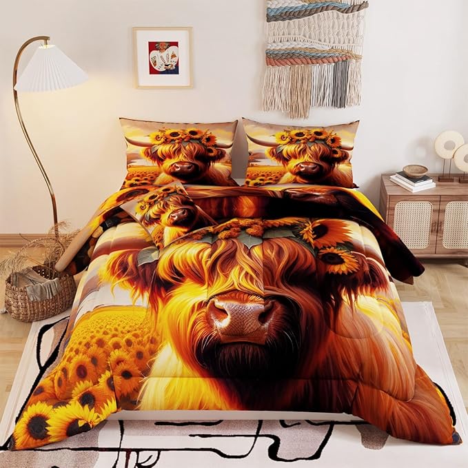 Namoxpa6 Pieces Cow Comforter Sets,3D Yellow Cowhide Pattern,Decorative 6 Piece Bedding Sets with Comforter,Flat Sheet,Fitted Sheet,Throw Pillow Cover,Pillow Shams,Twin Size