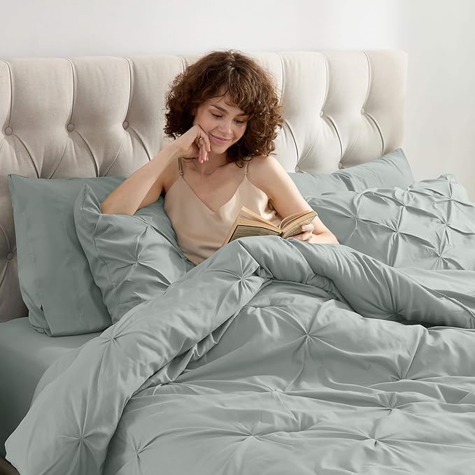Nestl Queen Comforter Set 7 Piece - Pinch Pleated Comforters Queen Size Sage Green, Bed in a Bag Queen All Season, Queen Size Comforter Set Bedding with Flat Sheet, Fitted Sheet, Pillowcases and Shams