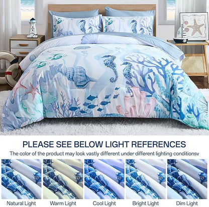 Comforter Set King Size Coastal, Coral Beach Themed Comforters Diving Deep Ocean Bedding with Sheets 7 Pieces Bed in a Bag for Spring Summer House Conch Decor