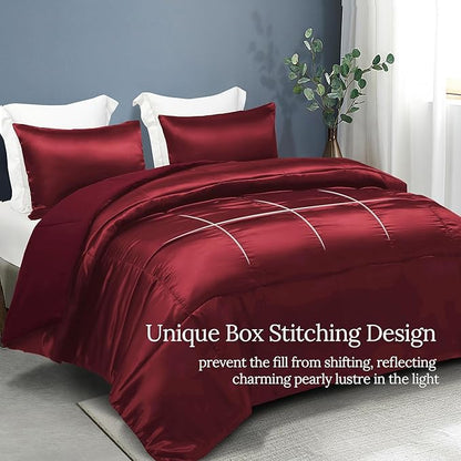 Whale Flotilla 3-Piece Reversible Silky Soft Queen Comforter Bedding Set, Luxurious Satin Comforters Full Size with 2 Satin Pillowcases, Lightweight Duvet for All Seasons, Red