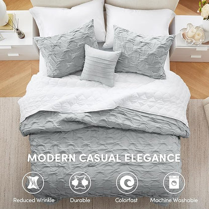 Comfort Spaces Comforter for King Size Bed, Ogee Ruched with Crinkle Texture, Breathable Comforter Set King, All Season Lightweight Bedding Set, Shams, Décor Pilow, King/Cal King Gray 4 Piece